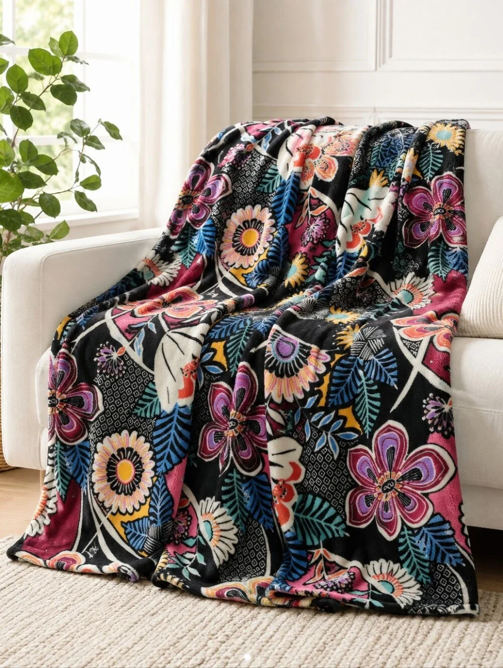 Vera Bradley plush floral throw blanket black multicolor cozy soft fleece